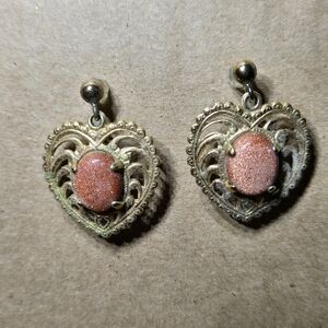 Vintahe Gold and Pink Heart Drop Earrings Costume Jewelry